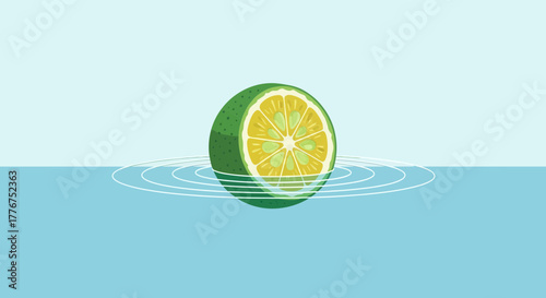 Fresh Lime Slice Floating Serenely in Water with Ripple Effects in a Calm Composition
