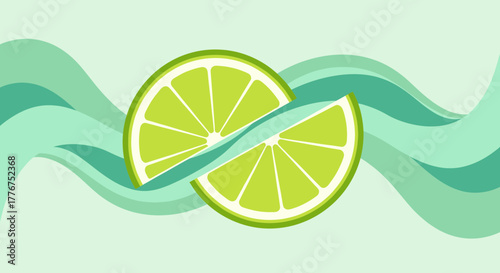 Fresh Lime Slice Intersecting With Aqua Waves In a Refreshing Artistic Composition