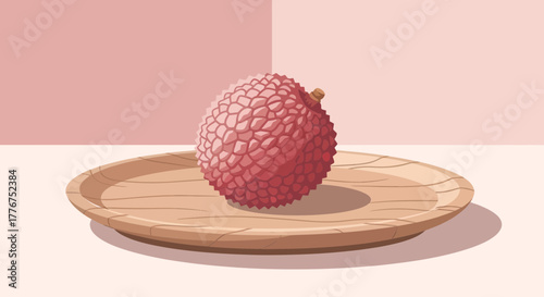 Fresh Lychee on a Wooden Plate, Minimalist Illustration for Food Design