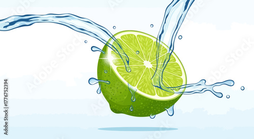Fresh Lime Slice Splashed by Water, Illustration Featuring Refreshing Citrus and Aquatic Elements