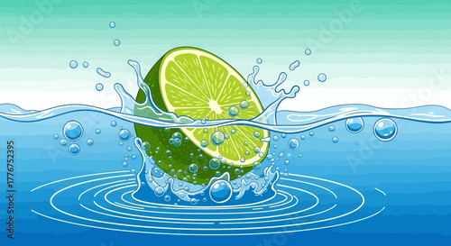 Fresh Lime Slice Plunging Into Water Creating Splashes and Ripples in Digital Art