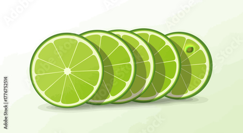 Fresh Lime Slices Arrangement In A Row, Ready For Culinary Applications and Creative Designs