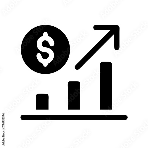 Financial growth chart icon – rising bar graph with dollar symbol representing profit increase, business success, investment returns, economic trends, market analytics, and modern UI/UX financial desi