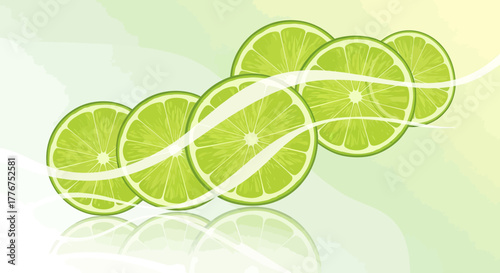 Fresh Lime Slices Arrangement With Subtle Reflections And Swirling Decorative Lines