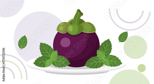 Fresh Mangosteen Surrounded by Mint Leaves, Ideal for Healthy Eating and Decoration