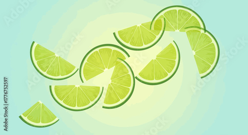 Fresh Lime Slices Floating Against a Pastel Background for Culinary or Design Purposes
