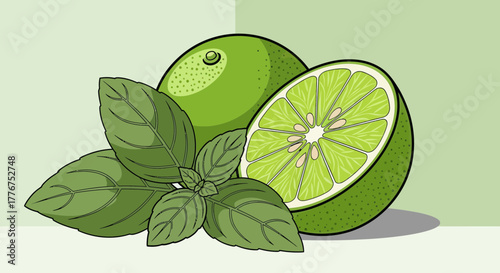 Fresh Lime Slices With Basil Leaves Against a Soft Green Background Illustration