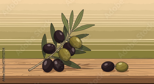 Fresh Olives Branch Resting On Wooden Board Providing Healthy Mediterranean Food