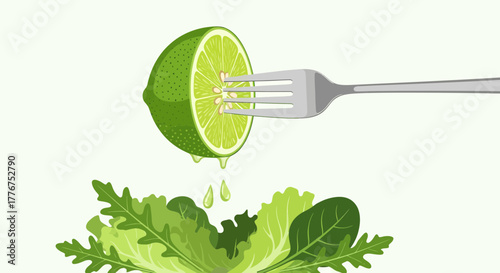 Fresh Lime Wedge Being Squeezed With Fork Over Green Salad Illustration