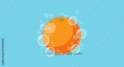 Fresh Orange Being Washed in Bubbly Water, Illustration Depicting Fruit Cleanliness
