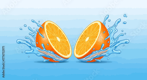 Fresh Orange Halves Bursting With Water Splashes Against A Blue Gradient Background