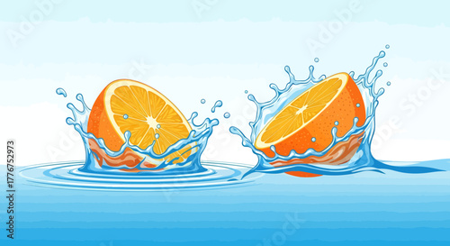 Fresh Orange Halves Plunging Into Water Creating Dynamic Splash Effects and Refreshing Vibe