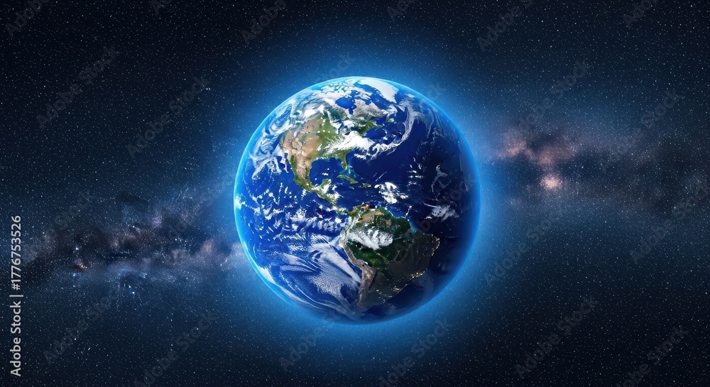 Obraz premium Glowing Blue Earth Planet Floating in Space Against Starry Nebula Background Showing North and South America
