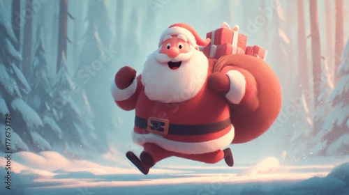 Santa Claus running with bag full of presents through snowy winter forest for Christmas delivery. Old man wear costume rushing on time. Pre New Year discounts, sale, holiday shopping, hurry buy gifts.