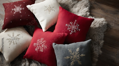 Pile of decorative pillows with snowflake embroidery on a soft faux fur rug