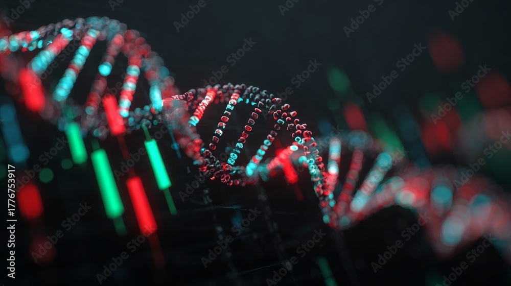 Fototapeta premium Unraveling the secrets of dna with modern technology. Risk management. Genetics specialist delving deep into digital dna sequences in a high-tech lab. Exchange rates. Market forecast.