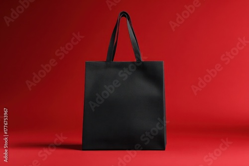 A simple black tote bag with handles is shown against a red background.