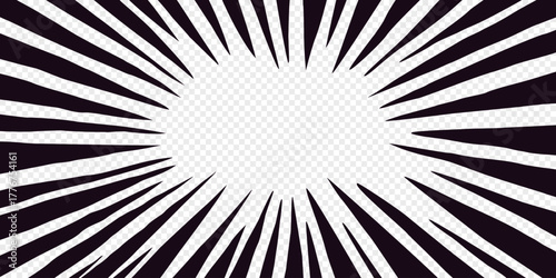 Irregular speed effect with bold black rays forming an anime comic manga frame on transparent background. Motion vector background for posters, stickers, covers, and graphic designs