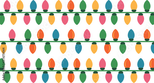 Colorful string of vintage christmas lights in a repeating pattern on a white background for festive holiday decoration