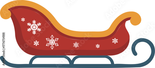 Classic red sleigh decorated with white snowflakes ready for christmas winter holiday transport and festive fun