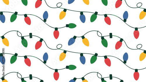 Seamless pattern of colorful christmas string lights in red green blue and yellow on a white background