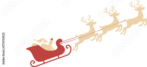 Santa claus riding in a red sleigh pulled by flying reindeer across a white background
