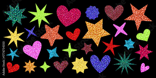 Glitter stickers set with stars and hearts in bright sequin textures. Sparkly vector shapes in red, gold, blue, green, and pink with confetti shine. Perfect valentine and christmas party decor.