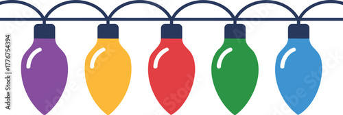A string of colorful festive christmas lights in purple orange red green and blue hanging against a white background