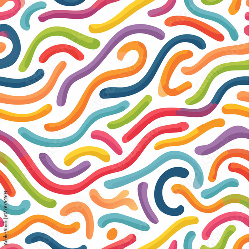 Repeating Pattern of Brightly Colored Wavy Lines and Dots on White seamless background