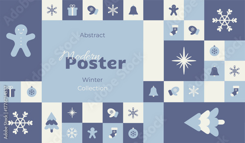 Winter geometrical poster in blue and white colours.Ornamental square tiles with winter elements. Geometric mosaic abstract banner. Winter background, postcard,gift card. Vector illustration