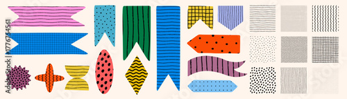 Pattern collection and colorful shapes, ribbons, decorated with stripes, dots, grids, and waves. Shapes and patterns with crayon and doodle texture. Drag to swatches panel to use