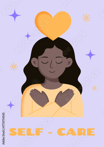 Mental health poster with black girl  hugs herself . Poster in yellow and light blue colours with grain texture. Self-care consept. Psychological help banner. Flat style. Vector illustration.