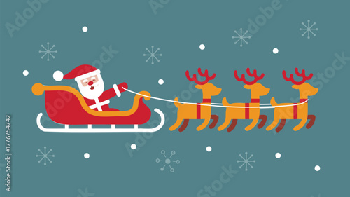 Whimsical flat illustration of santa claus riding a sleigh pulled by reindeer through falling snowflakes