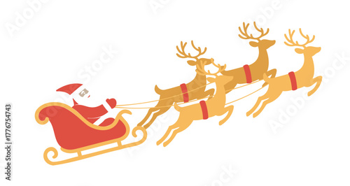 Santa claus riding in his sleigh pulled by a team of reindeer across a white background