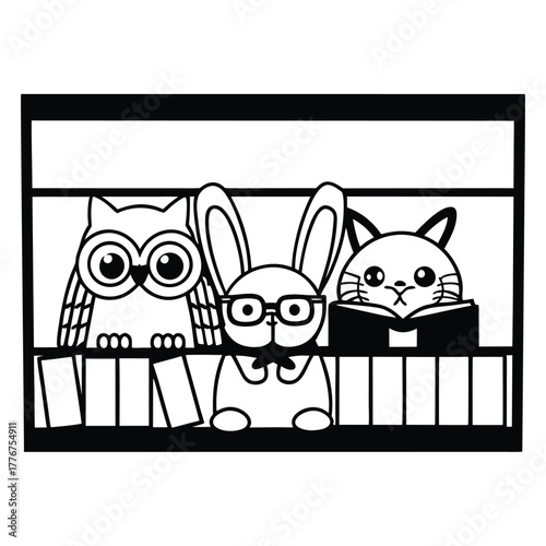 Whimsical black and white illustration of a wise owl a studious rabbit wearing glasses and a curious cat peeking over books on a shelf symbolizing education and learning