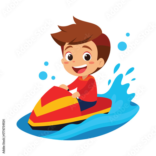 Joyful young boy with brown hair and a red shirt happily riding a red and yellow jet ski on a bright blue ocean with splashing water and bubbles