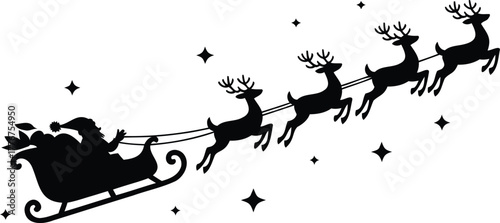 Silhouette of santa claus flying in his sleigh pulled by reindeer across a starry night sky