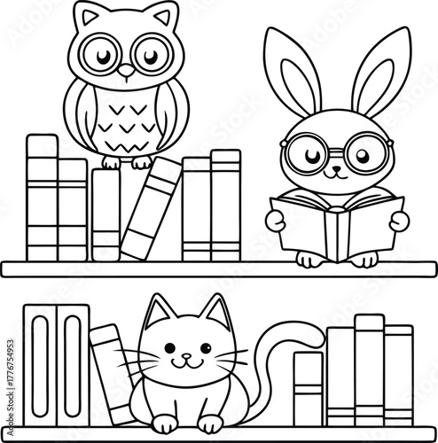 Charming black and white line art illustration of a wise owl a studious bunny wearing glasses and a cute cat sitting on bookshelves filled with books