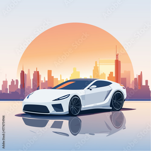 Sleek White Sports Car Parked In Front Of A Stylized City Skyline At Sunset With Reflection white car