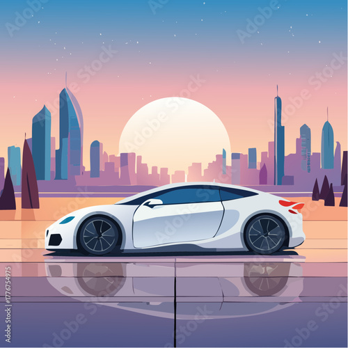 White Sports Car With Red Spoiler Against A City Skyline And Sunset Sky white car luxury car