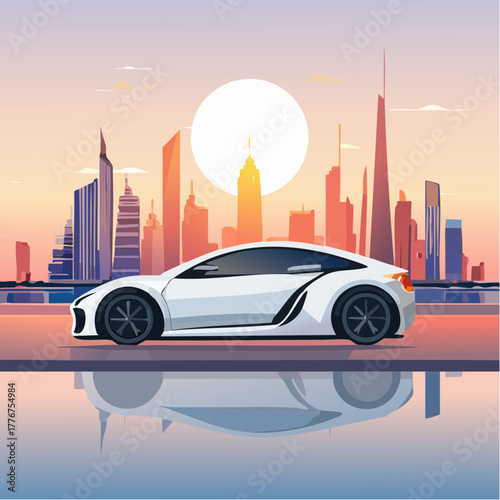White Sports Car With Black Accents Parked On A Wet Surface With City Skyline At Sunset white car luxury car