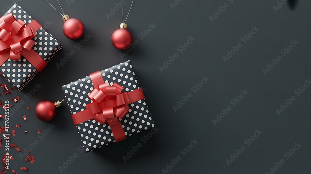 Obraz premium Festive gift boxes with red ornaments on dark background