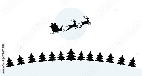 Whimsical silhouette of santa claus in his sleigh pulled by reindeer flying over a snowy landscape with a line of pine trees