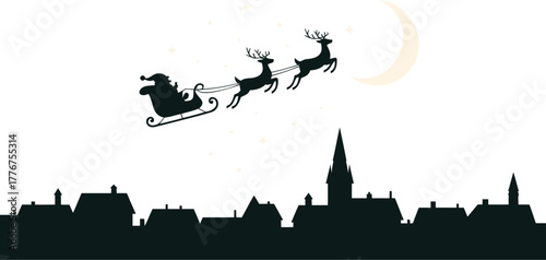 Silhouette of santa claus in his sleigh pulled by reindeer flying over a quaint european town at night