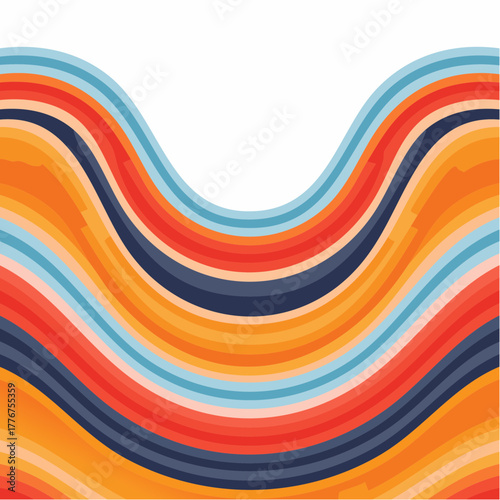 Abstract Wavy Stripes of Orange Blue and Red Forming a Gentle Curve on White Background wave pattern