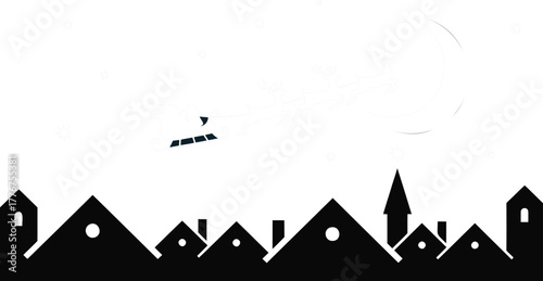 Whimsical silhouette of santa claus flying his sleigh over a charming village skyline at night