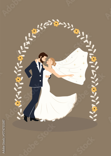 Elegant Wedding Couple Under Floral Arch