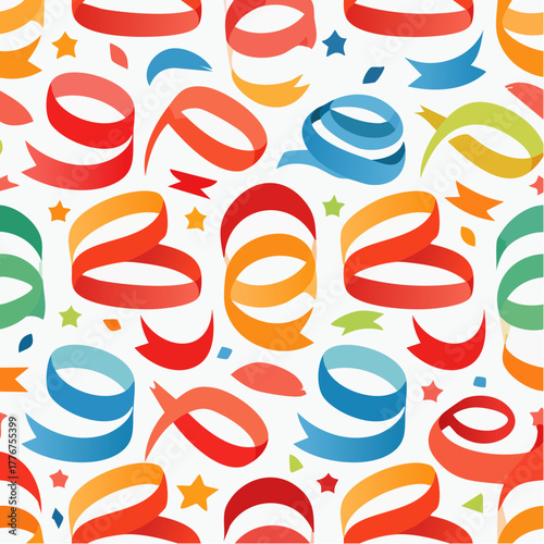 Dynamic Seamless Pattern of Swirling Ribbons and Stars in Vibrant Colors on White streamer confetti