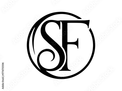 SF Monogram Logo. Elegant black-and-white letters S F inside a stylized circular frame, minimalist and classic design for branding. 