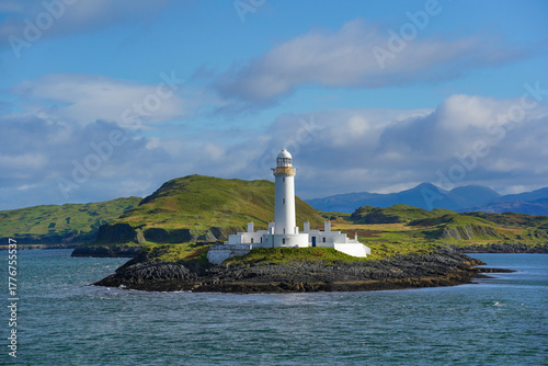 Lismore Lighthouse on Eilean Musdile in Scotland. It is a lighthouse on a small islet in the south west of Lismore island.